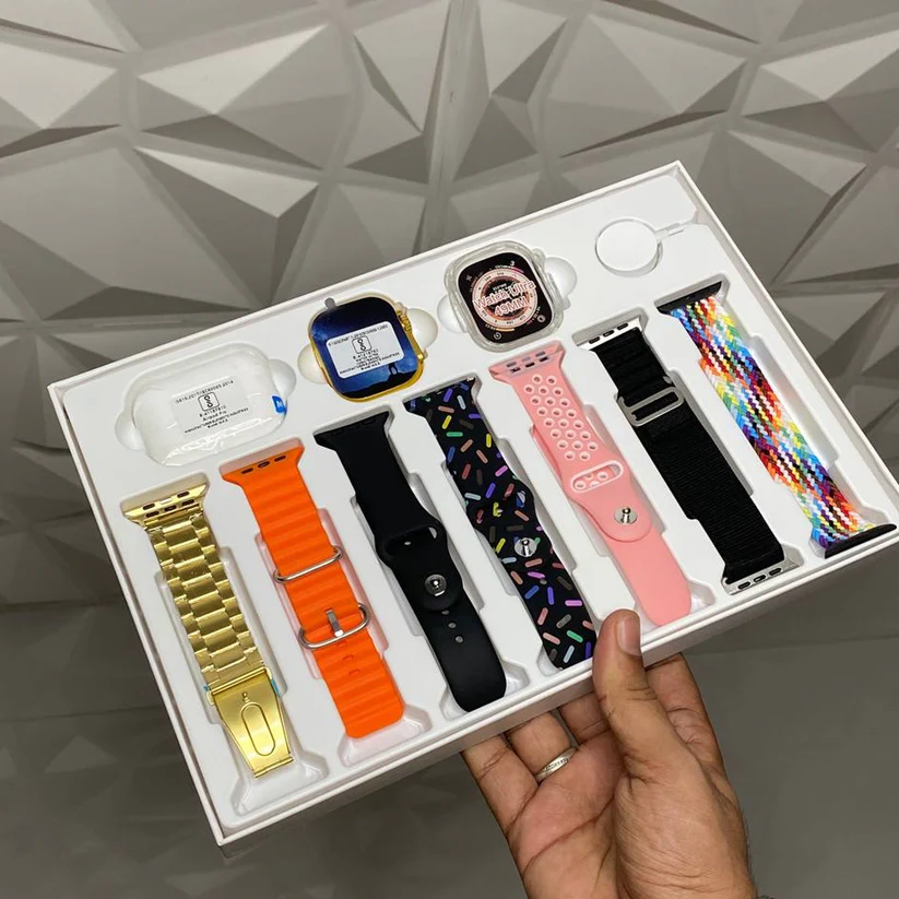 10 in 1 Set Ultra 2 Smart Bluetooth Calling Smart watch + Earphones with Transparent Screen Guard Watch with Seven Classic Straps